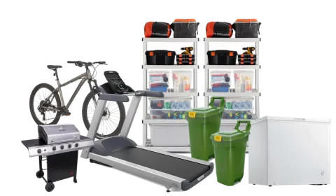 Various garage items including shelving, treadmill, bike, chest freezer, and BBQ