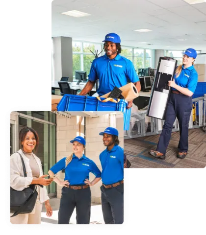 Two 1-800-GOT-JUNK? team members removing business junk and talking with business owner