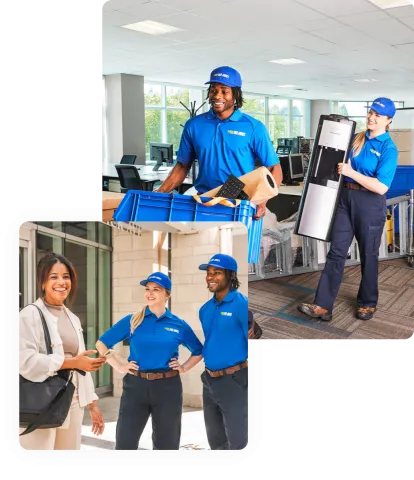 Two 1-800-GOT-JUNK? team members removing business junk and talking with business owner